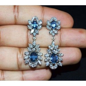 CERTIFIED NATURAL 8.4CTS VS F G DIAMOND SAPPHIRE 18K SOLID GOLD DANGLE EARRINGS
